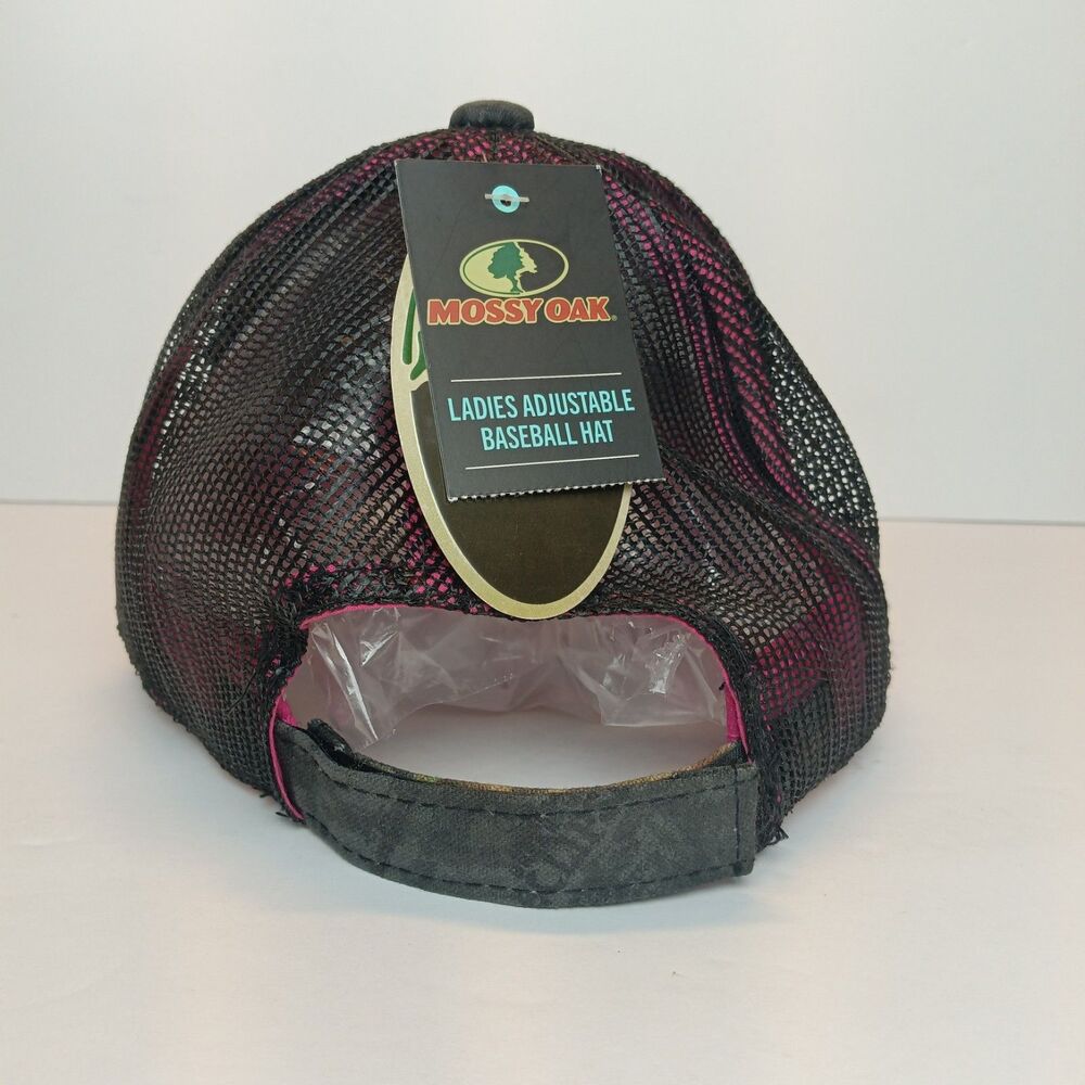 Mossy Oak Hat Cap Strap Back Womens One Size Black Camo Mesh Trucker Pink Logo - Picture 4 of 9
